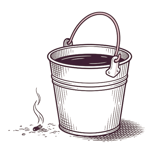 A water bucket beside a dying ember trailing a wisp of smoke