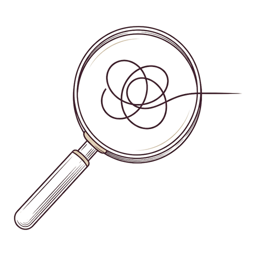 A magnifying glass held over a loosely tangled thread